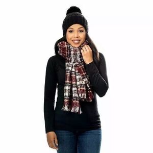 Emanuel Geraldo Hat & Blanket Scarf Set Black Pom Beanie Burgundy Plaid Wrap New